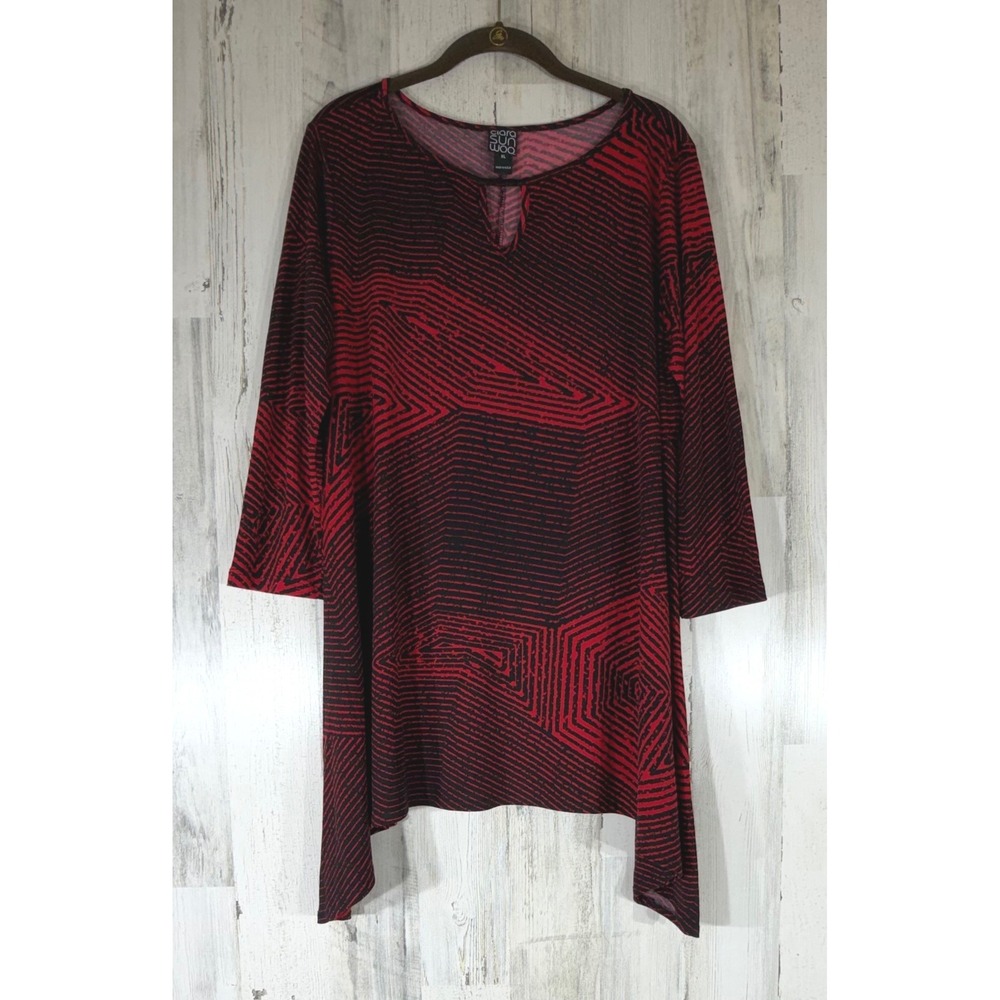 Clara Sunwoo Tunic Top XL Red Black Geometric Abstract Asymmetrical Made in USA
